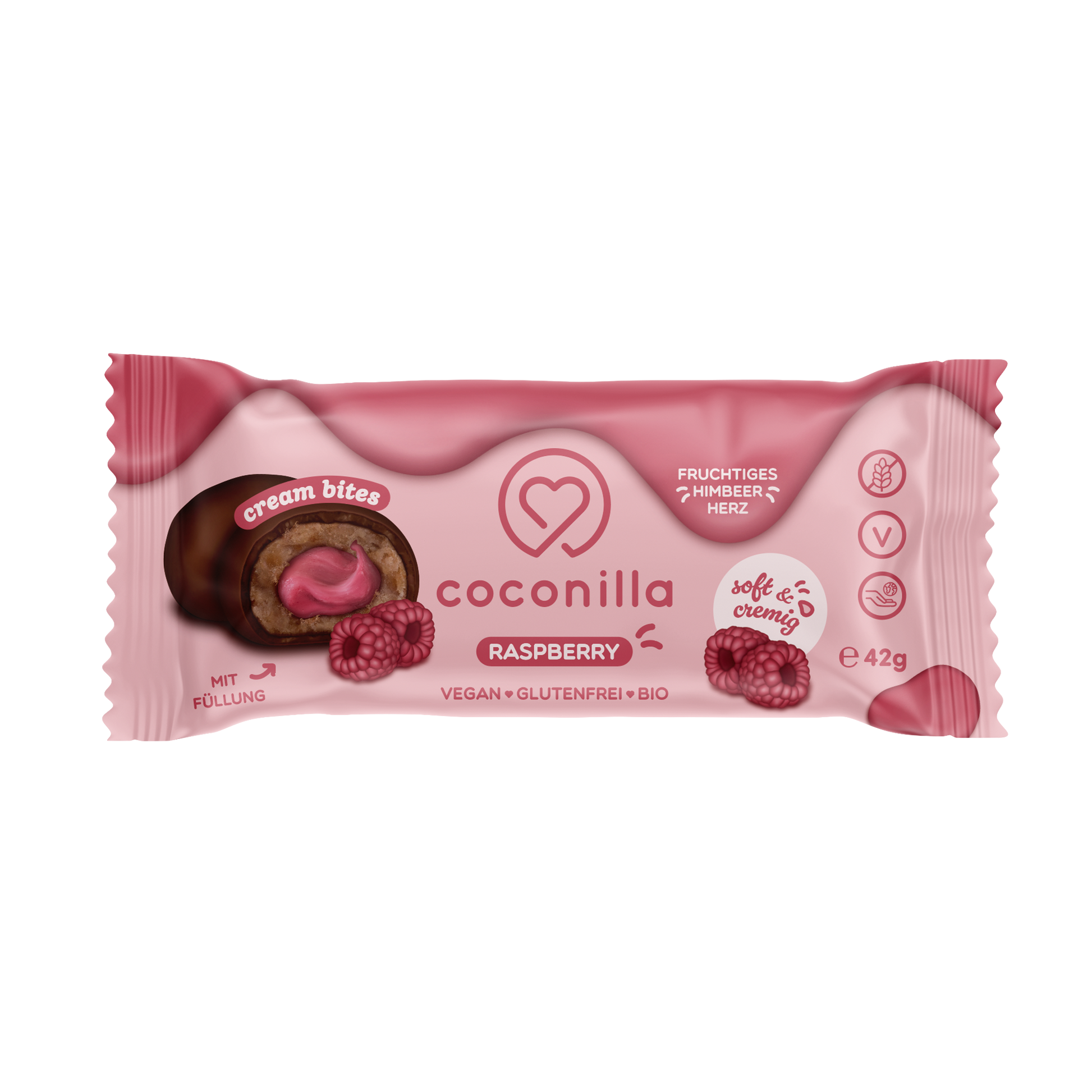 BIO Cream Bites Raspberry mit Füllung von coocnilla. Soft & cremig. Fruchtiges Himbeer Herz. Vegan - glutenfrei - bio.